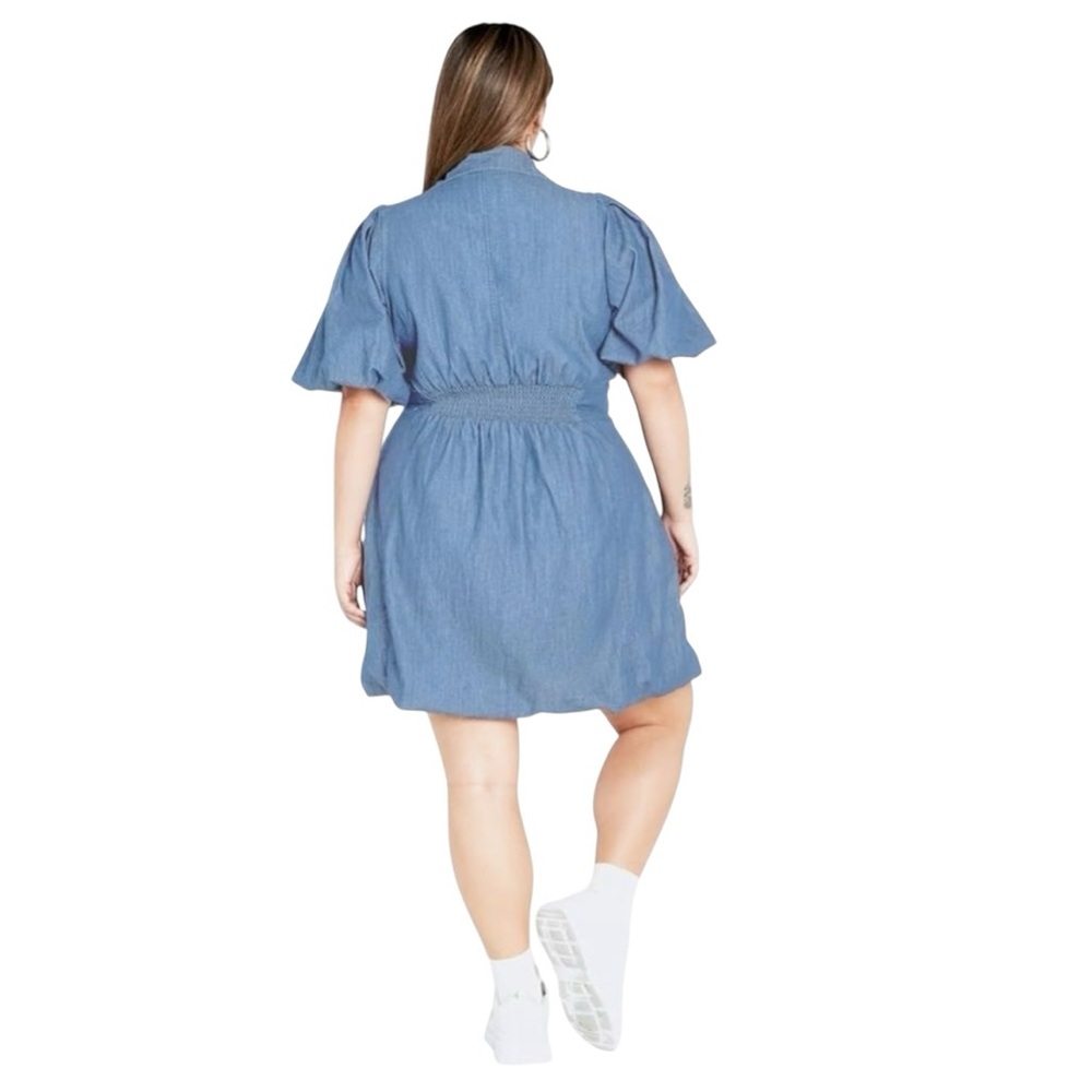 City Chic Ella Denim Shirt Dress Puff Sleeve Button Front Chambray Mini 20 NWT - Picture 4 of 15
